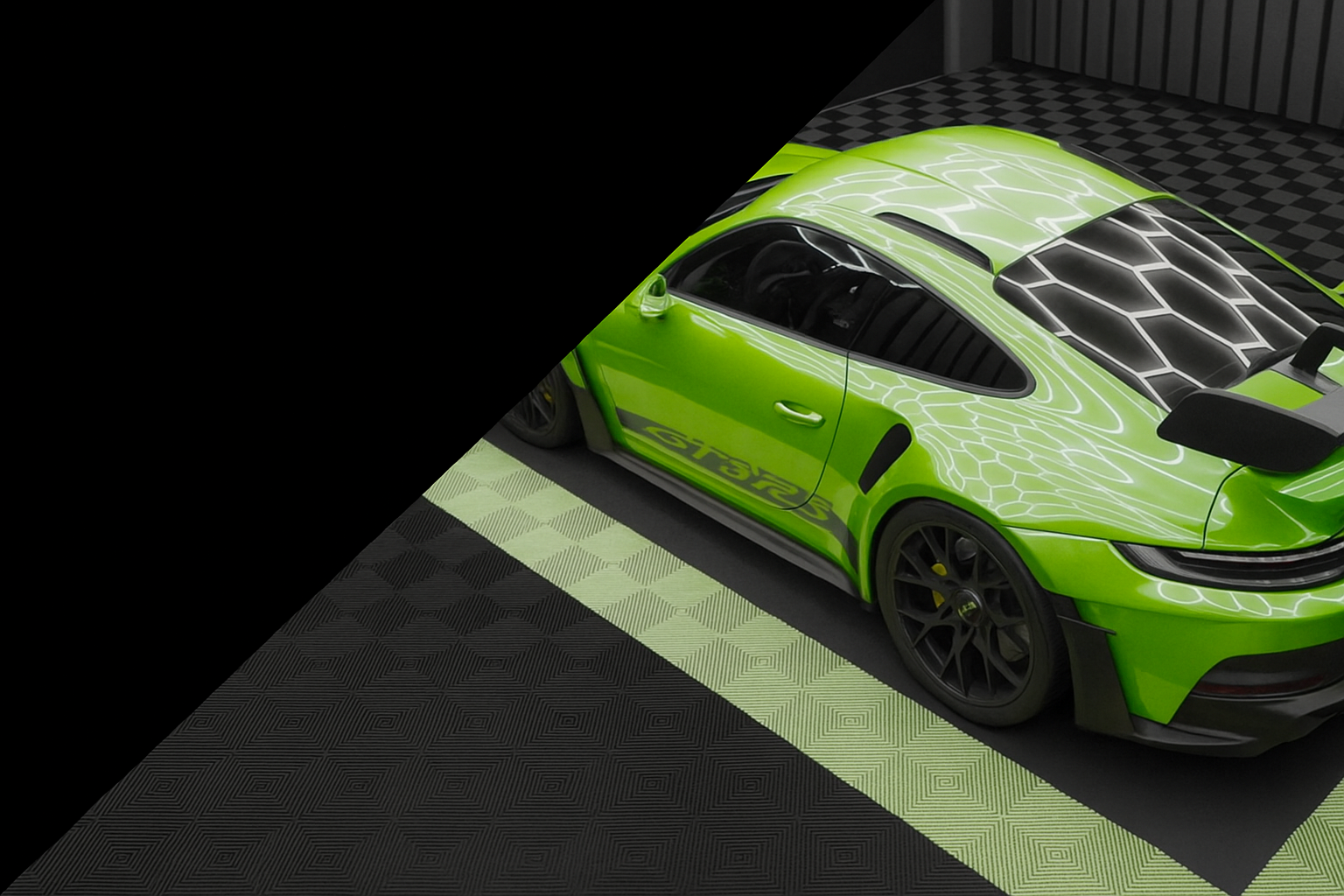 Premium PVC garage flooring with green sports car